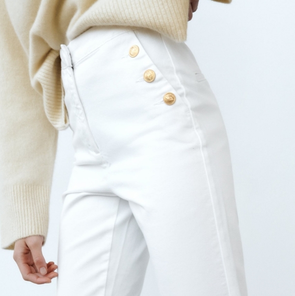 NWT Zara Gold Button Straight Leg White Jeans - Picture 2 of 11